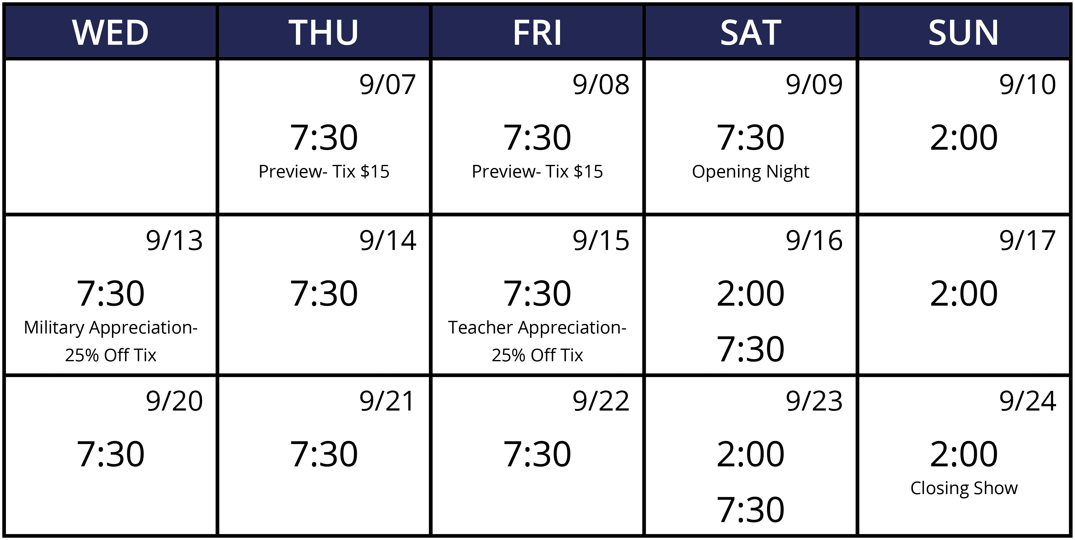 Calendar with show times and performance dates