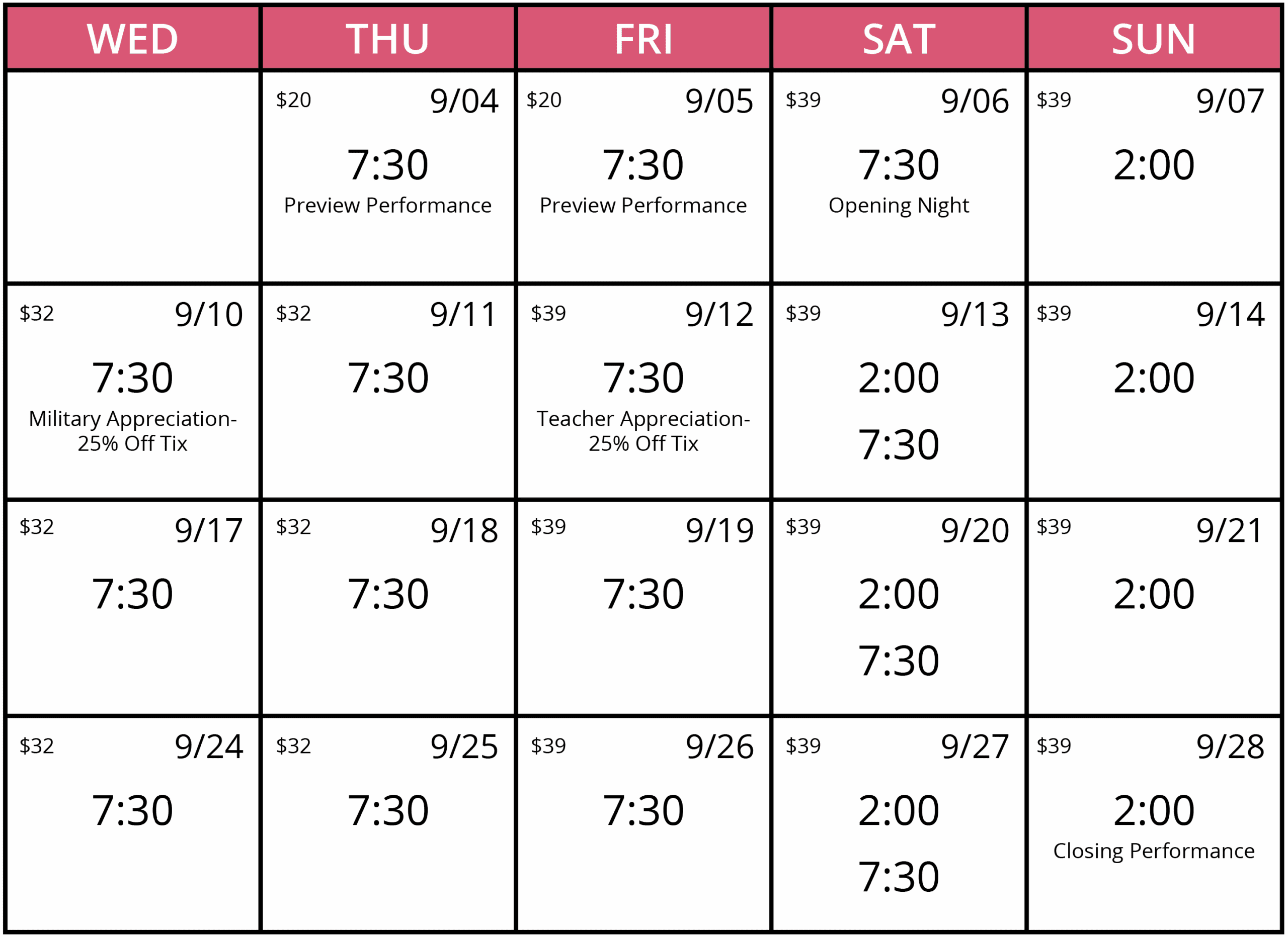 Performance calendar for "9 to 5 the Musical," running September 4–28, 2025. Includes preview performances on Sept 4–5, opening night on Sept 6, Wednesday and Thursday shows at $32, Friday–Sunday shows at $39, and special discounts on Sept 10 (Military Appreciation) and Sept 12 (Teacher Appreciation). Closing performance on Sept 28 at 2:00 PM.