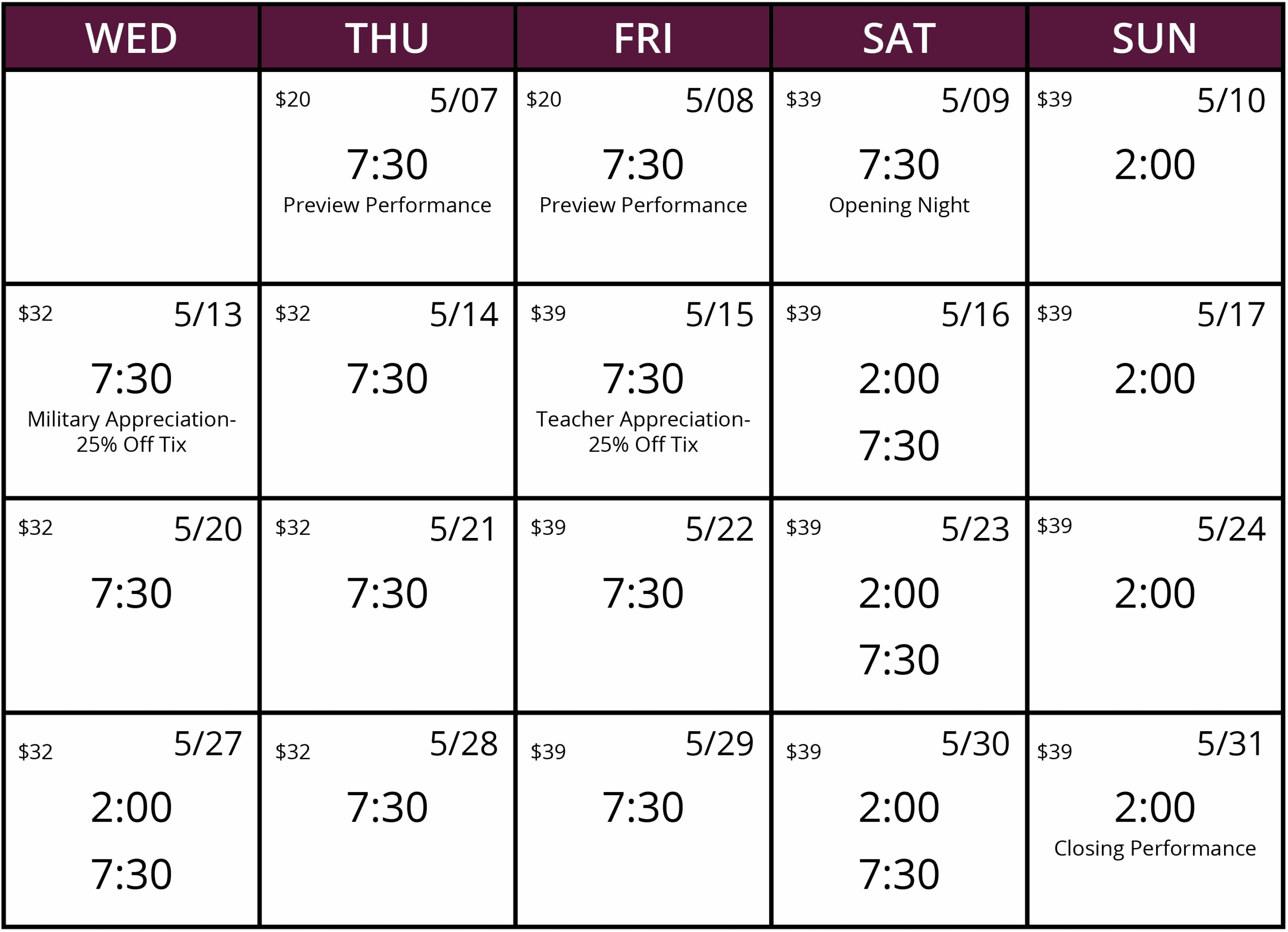Performance calendar for Crowns: A Gospel Musical, running May 7 to 31, 2026. Preview performances are on May 7 and 8 at $20. Opening night is May 9 at 7:30 PM. Regular ticket prices range from $32 to $39. Military Appreciation Night with 25% off tickets is on May 13, and Teacher Appreciation is on May 15. Matinee and evening shows are available most weekends. A double performance day occurs on May 27 with 2:00 PM and 7:30 PM shows. The closing performance is on May 31 at 2:00 PM.