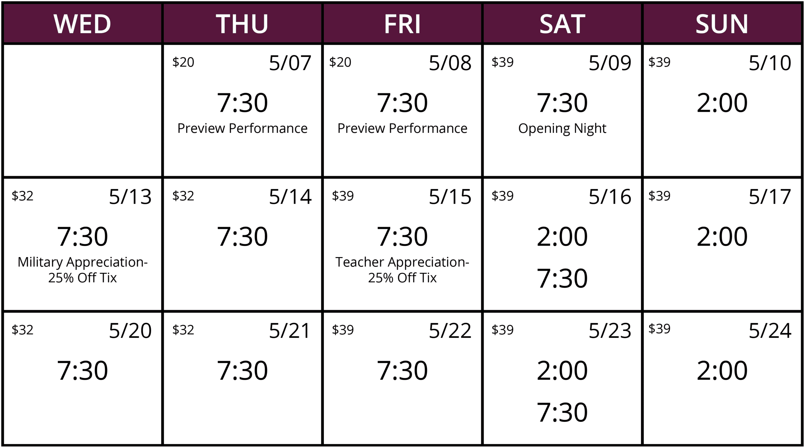 Performance calendar for Crowns: A Gospel Musical, running May 7 to 24, 2026. Preview performances are on May 7 and 8 at $20. Opening night is May 9 at 7:30 PM. Regular ticket prices range from $32 to $39. Military Appreciation Night with 25% off tickets is on May 13, and Teacher Appreciation is on May 15. Matinee and evening shows are available most weekends. A double performance day occurs on May 27 with 2:00 PM and 7:30 PM shows. The closing performance is on May 24 at 2:00 PM.