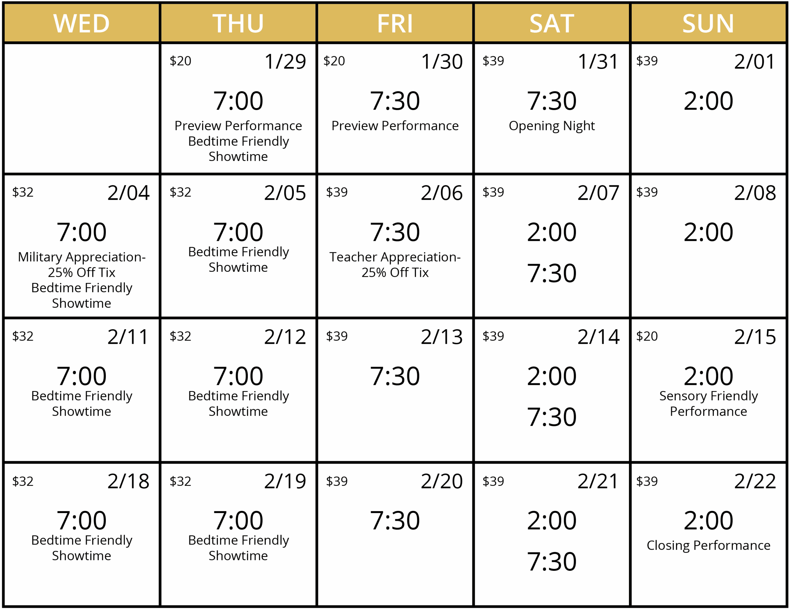 Performance calendar for Disney’s High School Musical, running January 29-February 22, 2026. Includes preview performances on Jan 29-30 ($20), opening night on Jan 31, and regular showtimes through Feb 22. Bedtime Friendly Showtimes at 7:00 PM are offered Wednesdays and Thursdays; Military and Teacher Appreciation nights with 25% off tickets occur Feb 4 and Feb 6. A sensory-friendly performance is scheduled for Feb 15, and the closing performance is Feb 22 at 2:00 PM. Weekend matinees and evening performances are available.