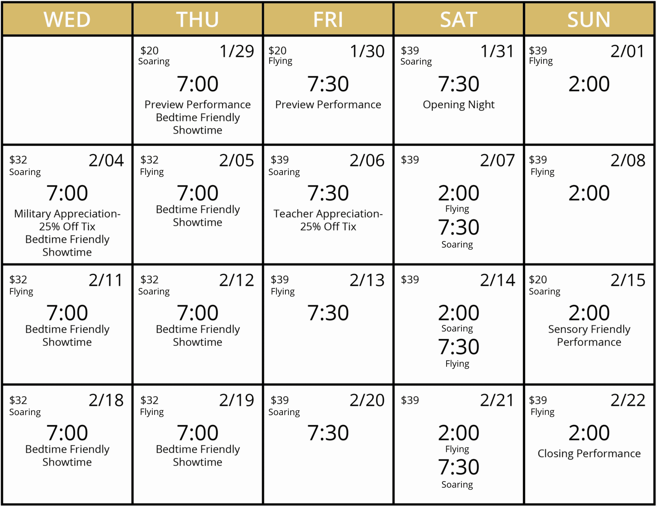 Performance calendar for Disney’s High School Musical, running January 29-February 22, 2026. Includes preview performances on Jan 29-30 ($20), opening night on Jan 31, and regular showtimes through Feb 22. Bedtime Friendly Showtimes at 7:00 PM are offered Wednesdays and Thursdays; Military and Teacher Appreciation nights with 25% off tickets occur Feb 4 and Feb 6. A sensory-friendly performance is scheduled for Feb 15, and the closing performance is Feb 22 at 2:00 PM. Weekend matinees and evening performances are available.