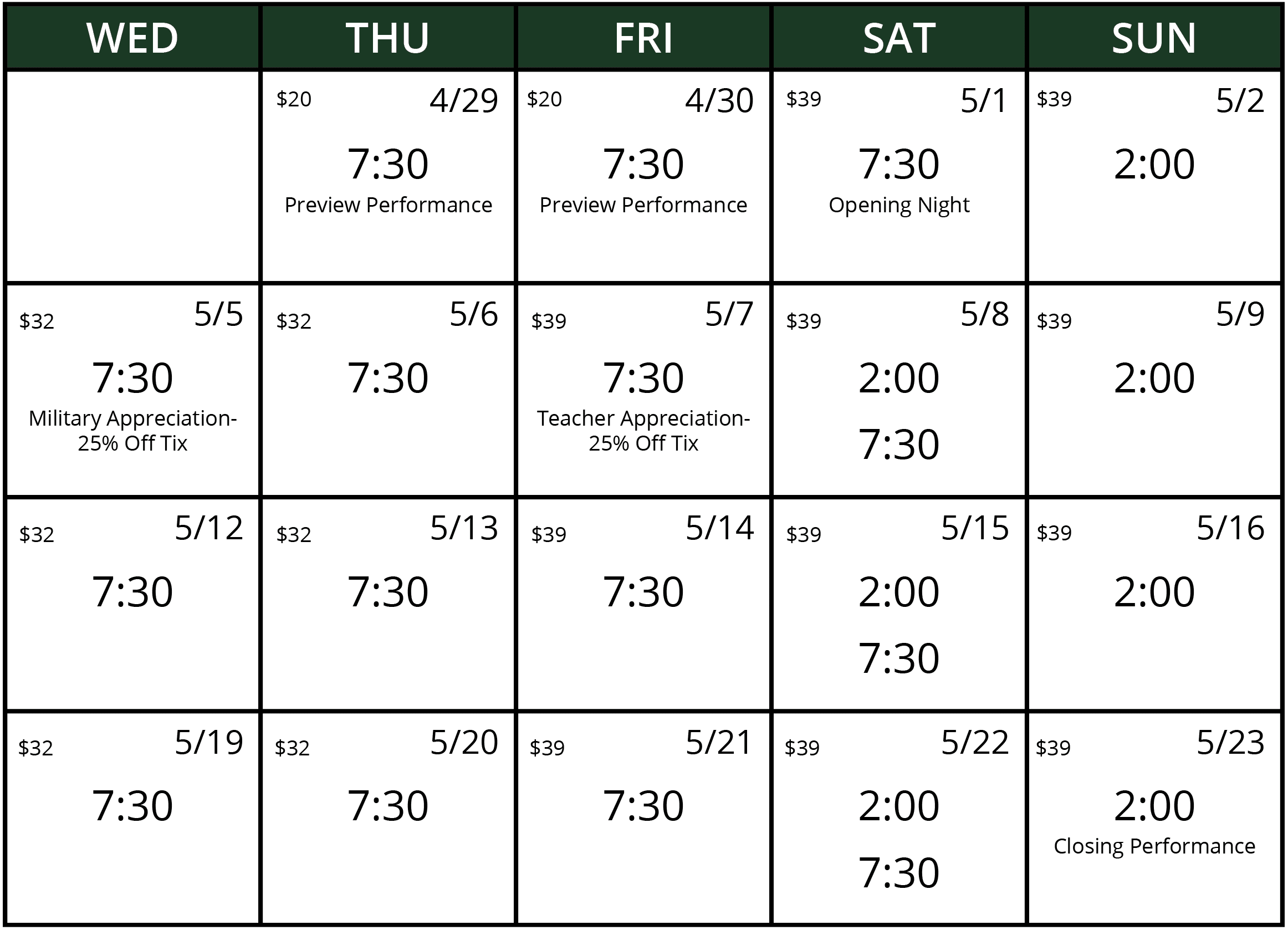 Performance calendar for Big Fish at Cape Fear Regional Theatre. Performances run April 29–May 23, 2027. Preview performances April 29 and 30 at 7:30 PM, with Opening Night May 1 at 7:30 PM. Evening performances Wednesdays through Fridays at 7:30 PM, Saturday performances at 2:00 PM and 7:30 PM, and Sunday matinees at 2:00 PM. Military Appreciation Night May 5 and Teacher Appreciation Night May 7. Closing performance May 23 at 2:00 PM.