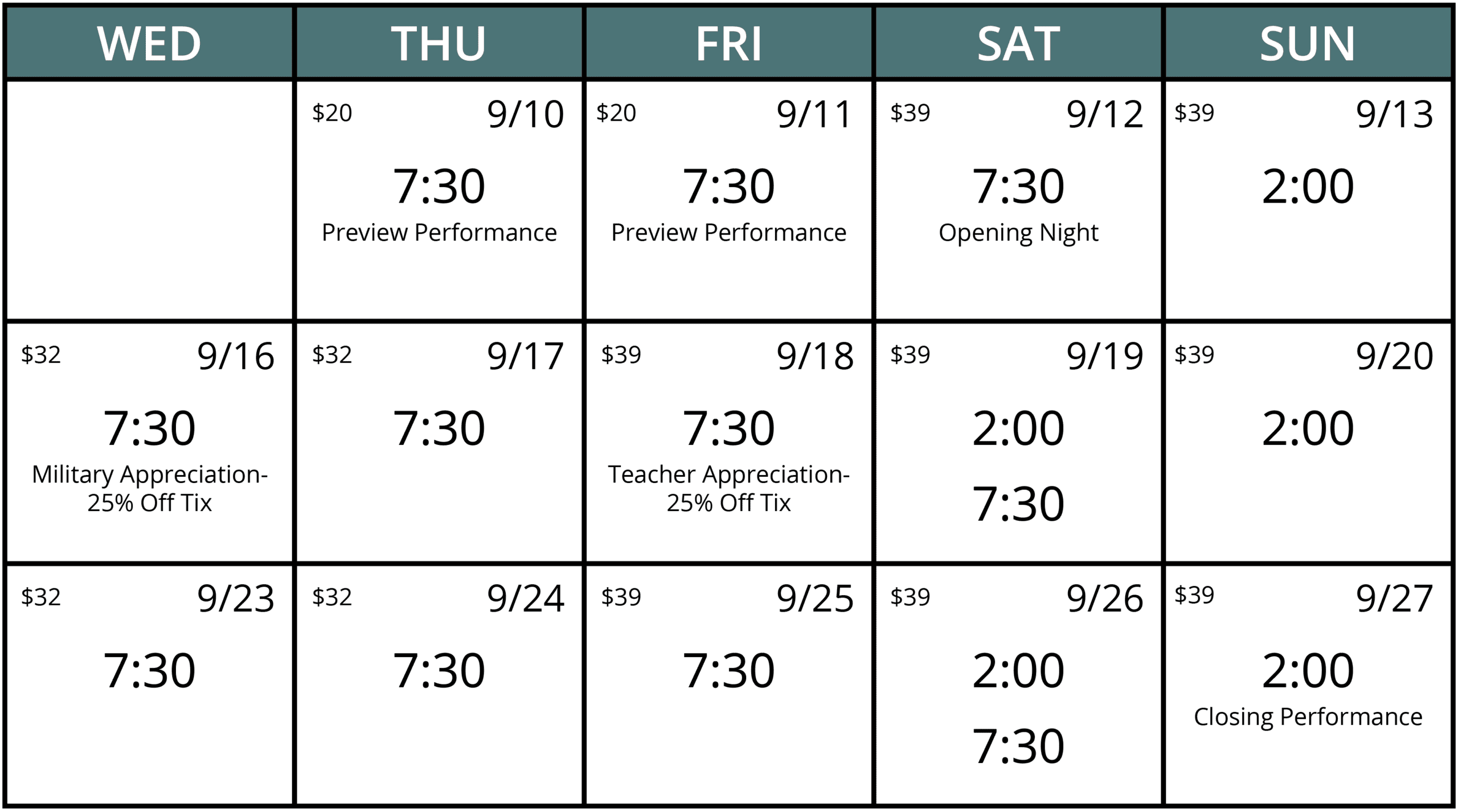 Performance calendar for Bright Star at Cape Fear Regional Theatre. Performances run September 10–27, 2026. Preview performances September 10 and 11 at 7:30 PM. Opening Night September 12 at 7:30 PM. Evening performances Wednesdays through Saturdays at 7:30 PM, with Sunday matinees at 2:00 PM and Saturday matinees on September 19 and 26. Military Appreciation Night September 16 and Teacher Appreciation Night September 18. Closing performance September 27 at 2:00 PM.