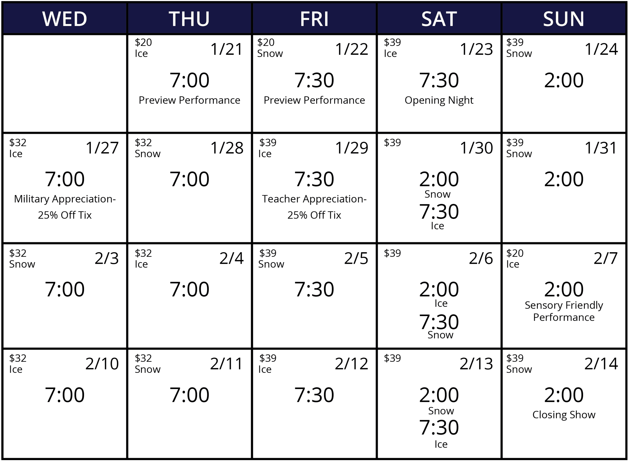 Performance calendar for Frozen at Cape Fear Regional Theatre. Performances run January 21–February 14, 2027. Preview performances January 21 at 7:00 PM (Bedtime Friendly Showtime) and January 22 at 7:30 PM. Opening Night January 23 at 7:30 PM. Evening performances Wednesdays and Thursdays at 7:00 PM and Fridays at 7:30 PM. Saturday performances at 2:00 PM and 7:30 PM, with Sunday matinees at 2:00 PM. Military Appreciation Night January 27, Teacher Appreciation Night January 29, and a Sensory Friendly Performance February 7 at 2:00 PM. Closing performance February 14 at 2:00 PM.