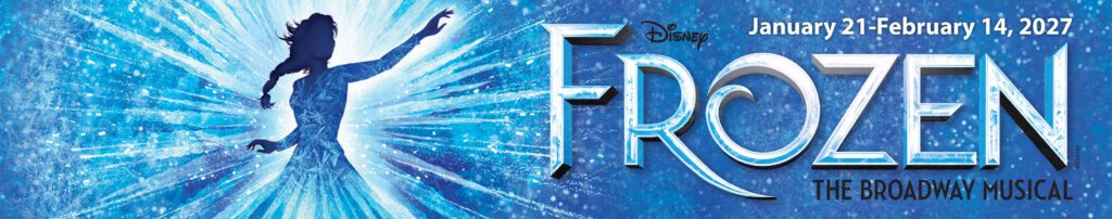 Frozen promotional banner featuring a silhouetted figure in an ice-blue gown surrounded by radiant bursts of snow and light, with the Frozen logo against a sparkling winter backdrop.