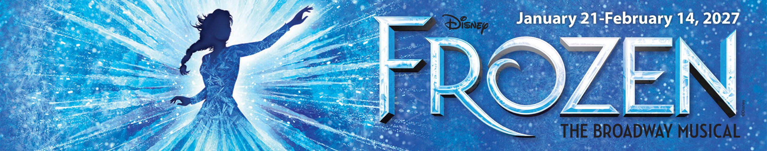 Frozen promotional banner featuring a silhouetted figure in an ice-blue gown surrounded by radiant bursts of snow and light, with the Frozen logo against a sparkling winter backdrop.