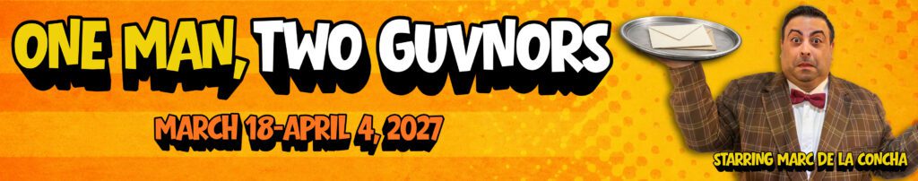 Promotional banner for One Man, Two Guvnors featuring a wide-eyed man in a plaid jacket balancing a tray with an envelope against a bright orange background, conveying the show's playful and chaotic comedy.